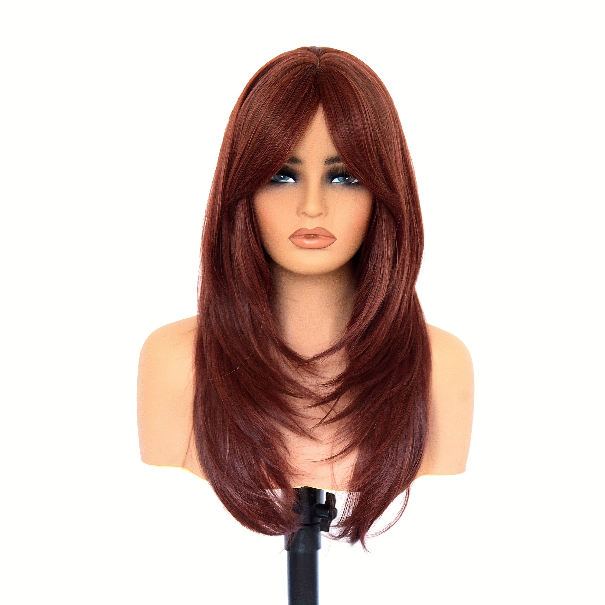 Glueless Synthetic Wigs For Women, Natural Straight Layered Wigs With Bangs, Copper Red Wigs, Brown Wigs, 20 Inches Shoulder Length